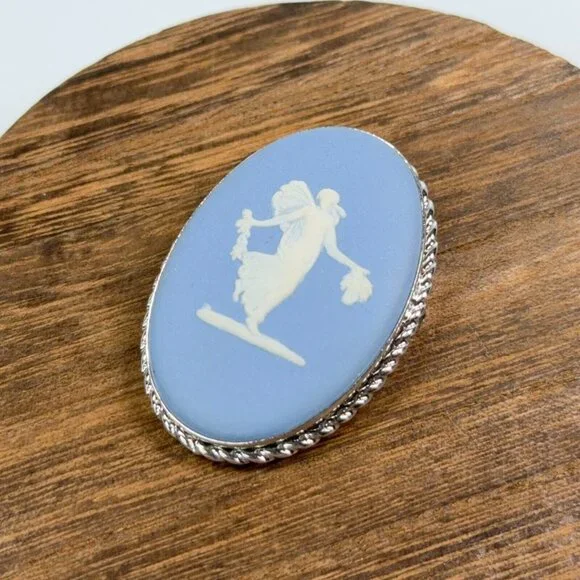 Vtg Van Dell Sterling Silver Brooch Pendant Wedgwood Blue Jasperware Cameo Pin - Picture 6 of 13